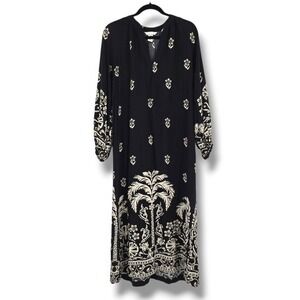 H&M Black Maxi Dress XS Long Sleeve‎ Palm Tree Print Bohemian Boho Casual